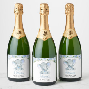 Elephant, Blue Watercolor Flowers, First Birthday Sparkling Wine Label