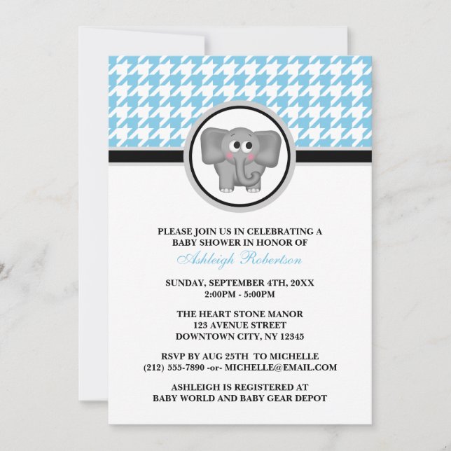 Elephant Blue & White Houndstooth Baby Shower Invitation (Front)