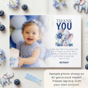 Elephant Blueberry Photo 1st Birthday Thank You Card