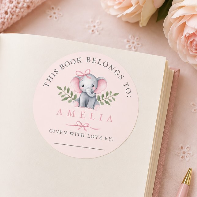 Elephant Blush Pink Baby Bookplate Sticker (Elephant Blush Pink Baby Bookplate Sticker)