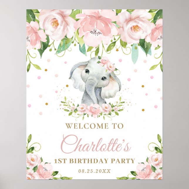 Elephant Blush Pink Floral 1st Birthday Welcome Poster (Front)