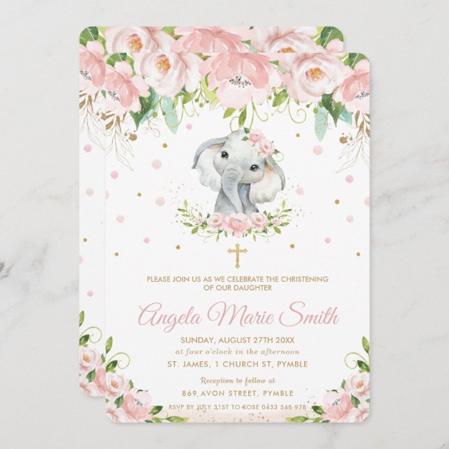 Elephant Blush Pink Floral Baptism Christening Invitation (Front/Back)