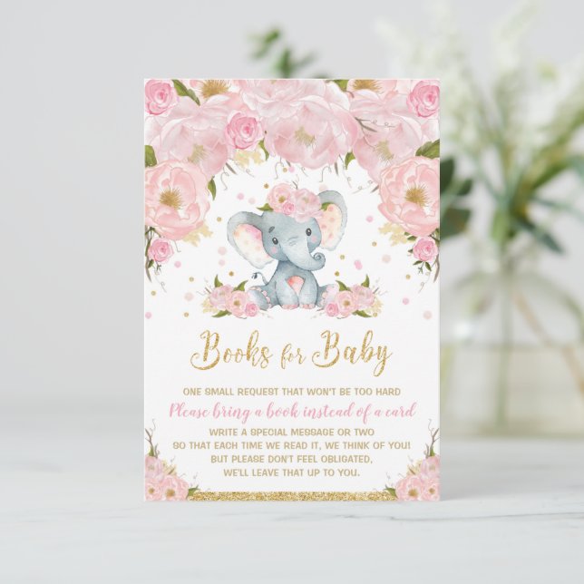Elephant Blush Pink Floral Books for Baby Card (Standing Front)