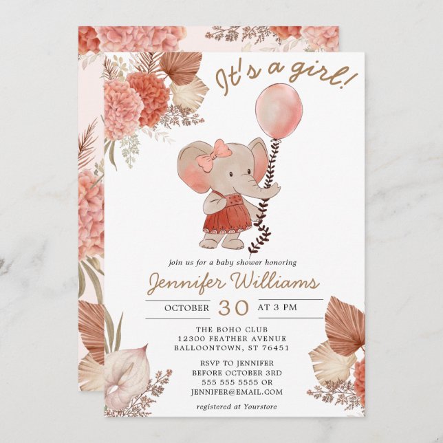 Elephant Boho Floral Baby Shower Girl Invitation (Front/Back)