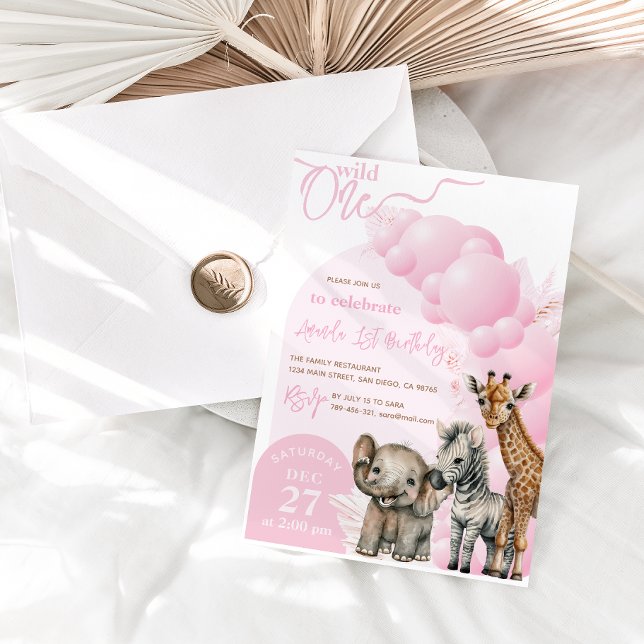 Elephant Boho Pink Balloon Girl 1st Birthday Photo Invitation (Creator Uploaded)