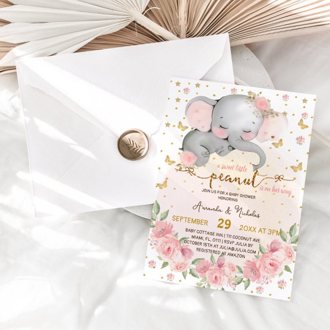 Elephant Botanical Blush Pink Baby Girl Shower Invitation (Creator Uploaded)
