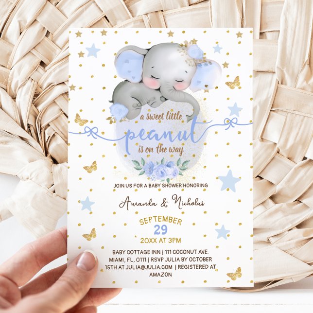 Elephant Botanical Pastel Blue Baby Boy Shower Invitation (Creator Uploaded)