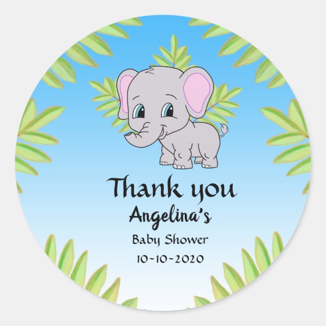 Elephant Boy Baby Shower Blue Ombre Thank You Classic Round Sticker (Front)