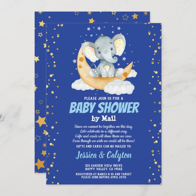 Elephant boy baby shower by mail moon and star invitation (Front/Back)