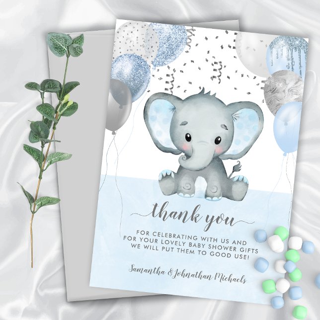 Elephant Boy Balloons Watercolor Baby Shower Thank You Card (Blue Elephant Baby Shower Thank You Card)