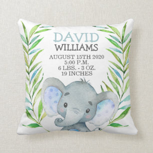 Elephant Boy Birth Stats Jungle Safari Nursery Cushion