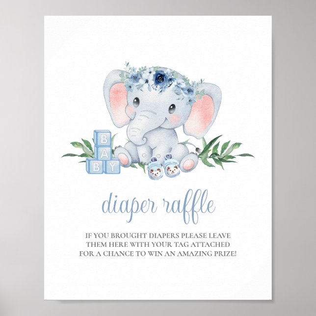 Elephant Boy Blue Baby Shower Diaper Raffle Sign (Front)
