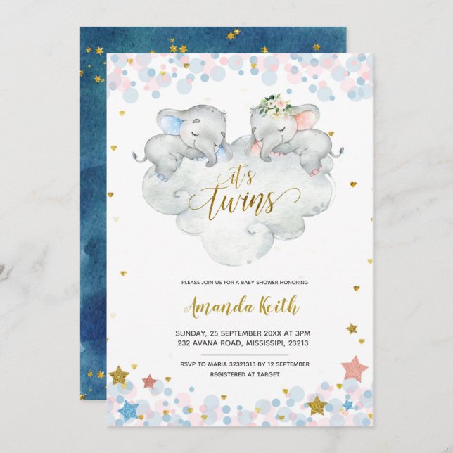 Elephant Boy Twins Baby Shower Invitation (Front/Back)