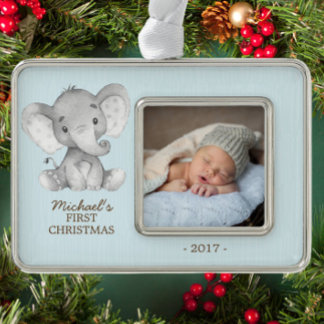 Elephant Boys Babys First Christmas Photo Ornament