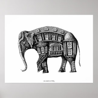 Elephant Building pen ink black and white drawing Poster