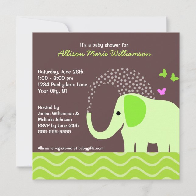 Elephant & Butterflies Baby Shower Invitation (Front)