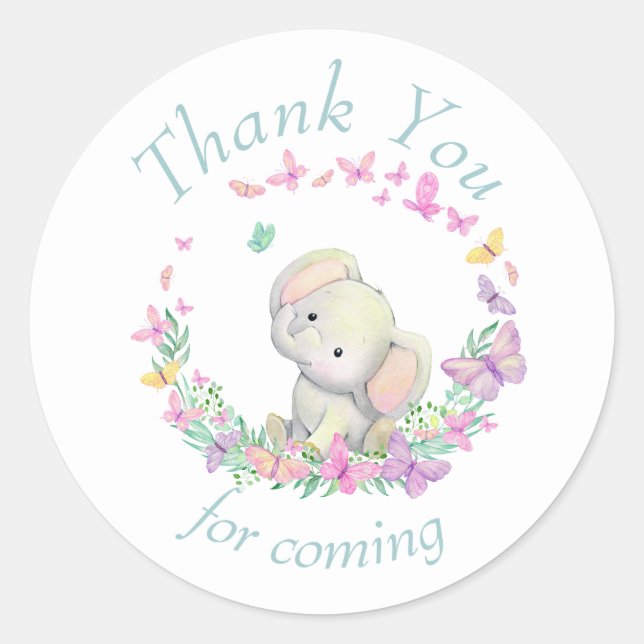 Elephant  Butterflies Baby Shower Thank You   Classic Round Sticker (Front)