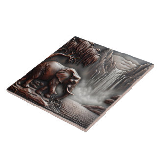Elephant by Waterfall in Carved Relief Tile