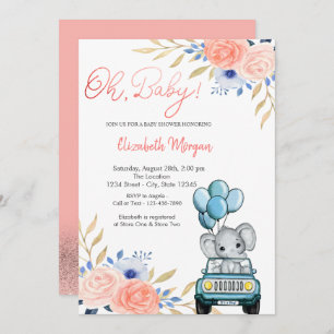 Elephant Car,Balloons Floral Baby Shower Invitation