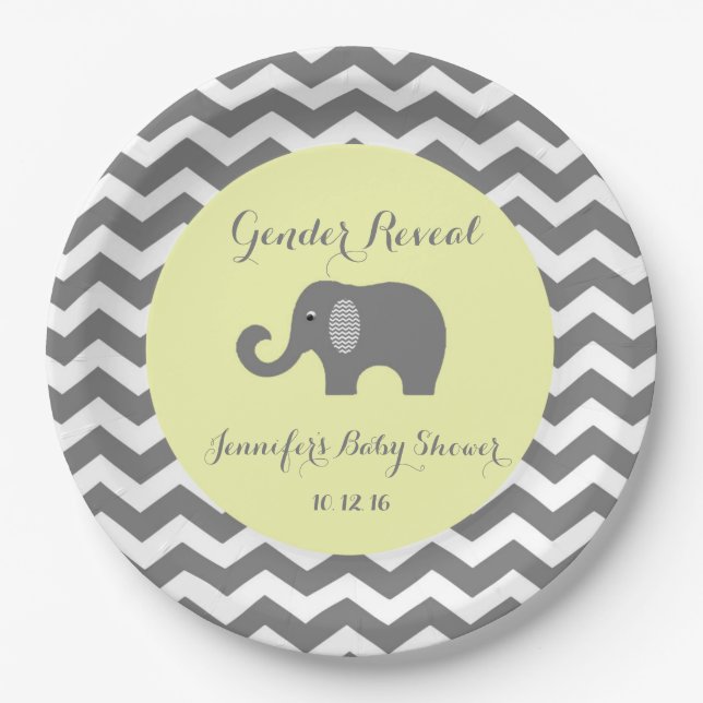Elephant chevron baby shower plates: Gender Reveal Paper Plate (Front)