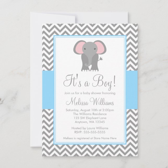 Elephant Chevron Light Blue Grey Baby Shower Invitation (Front)