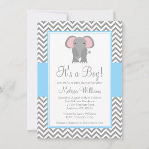 Elephant Chevron Light Blue Grey Baby Shower Invitation