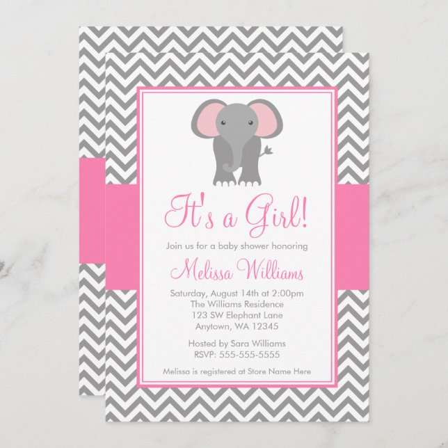 Elephant Chevron Pink Grey Girl Baby Shower Invitation (Front/Back)