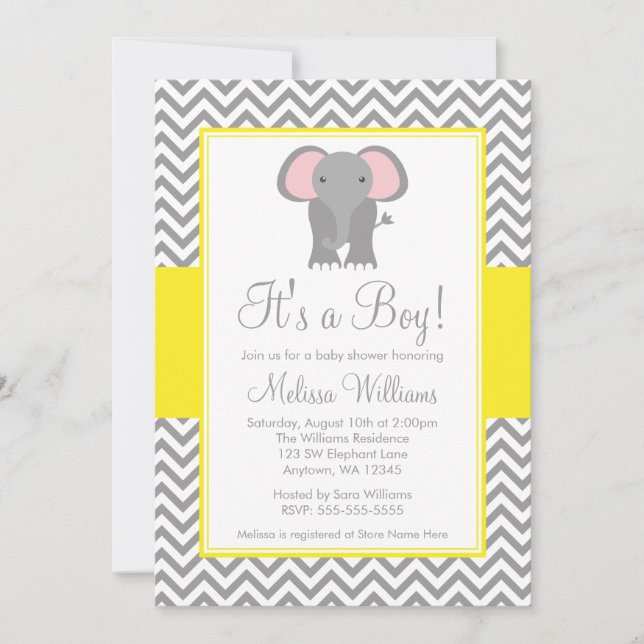 Elephant Chevron Yellow Grey Baby Shower Invitation (Front)
