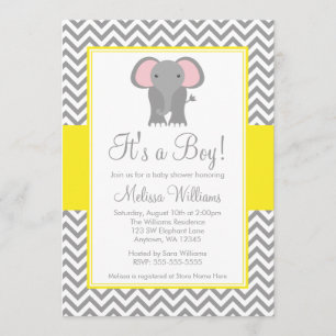 Elephant Chevron Yellow Grey Baby Shower Invitation