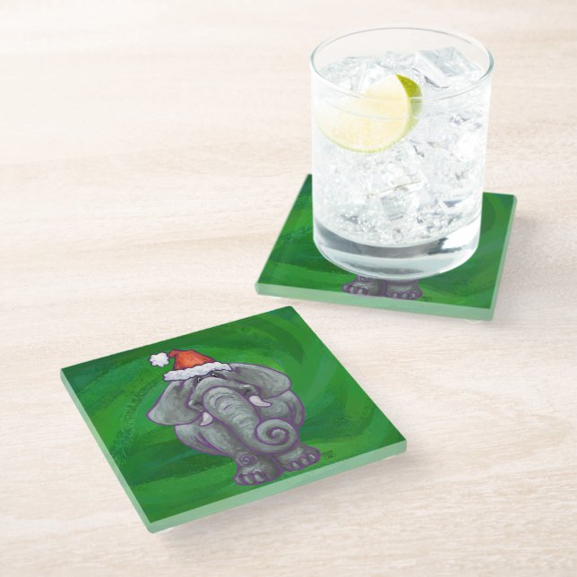 Elephant Christmas On Green Glass Coaster (Angled)