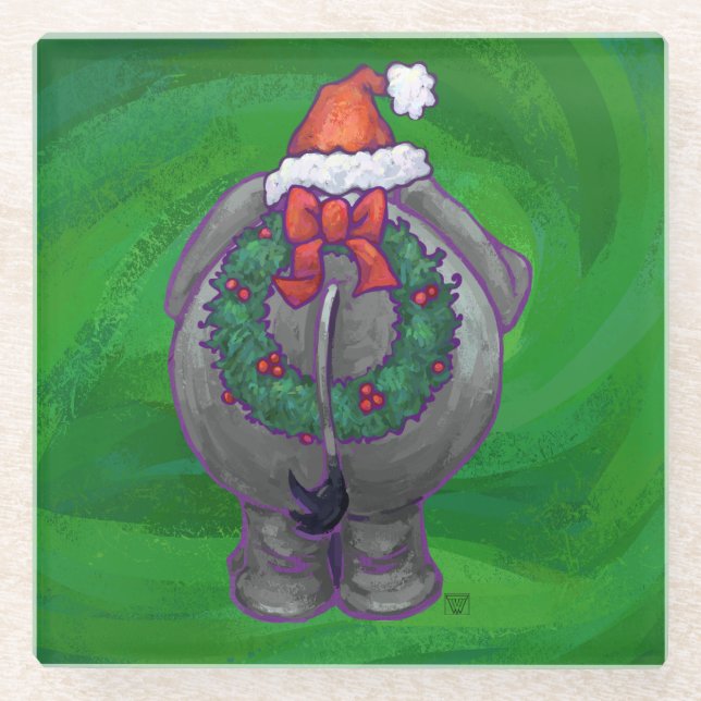 Elephant Christmas On Green Glass Coaster (Front)