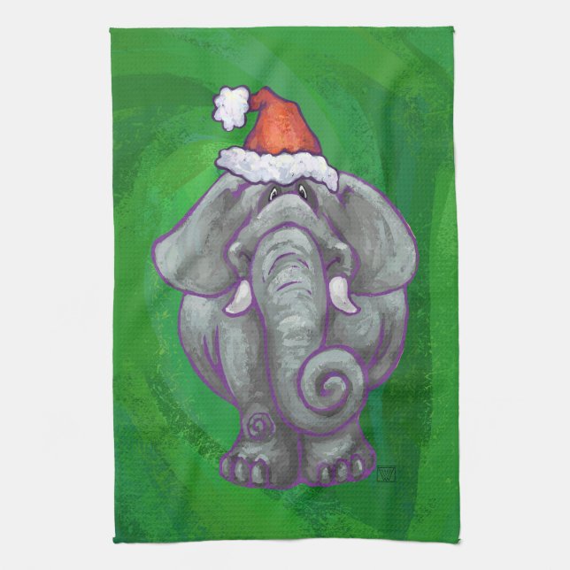 Elephant Christmas On Green Tea Towel (Vertical)