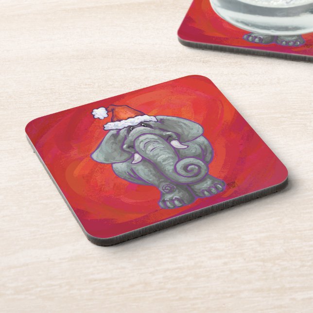 Elephant Christmas On Red Coaster (Left Side)