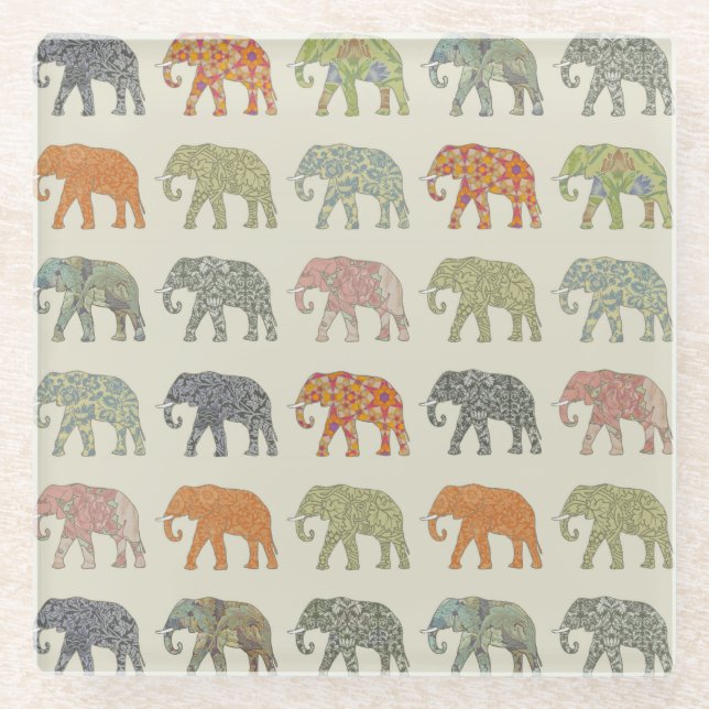 Elephant Colourful Animal Pattern Contemporary Glass Coaster (Front)