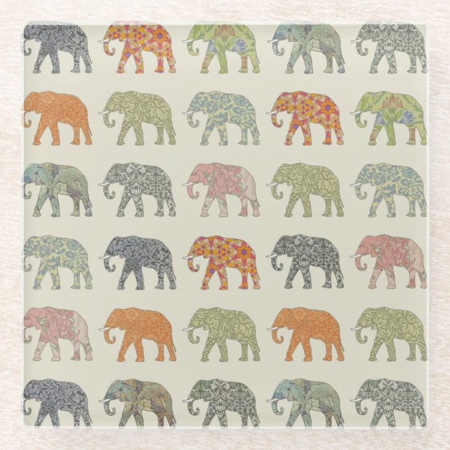 Elephant Colourful Animal Pattern Contemporary Glass Coaster (Front)