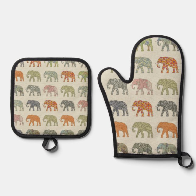 Elephant Colourful Animal Pattern Contemporary Oven Mitt & Pot Holder Set (Front)