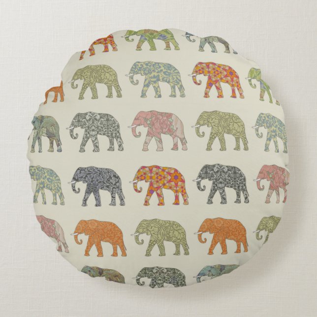Elephant Colourful Animal Pattern Contemporary Round Cushion (Front)