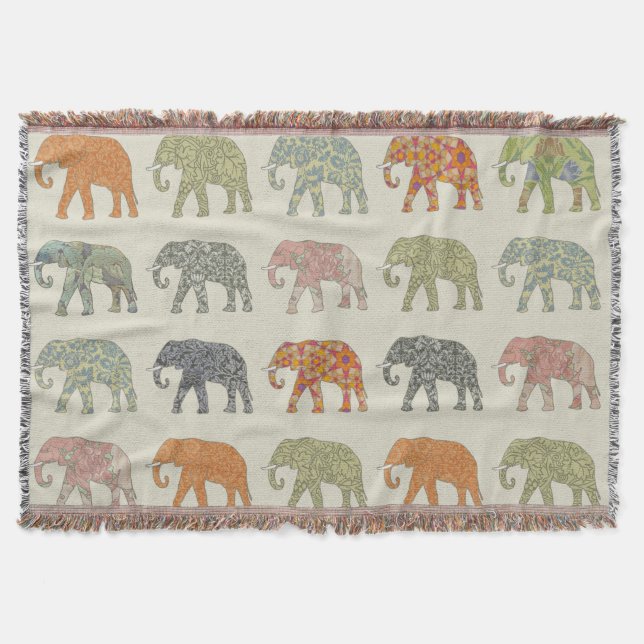 Elephant Colourful Animal Pattern Contemporary Throw Blanket (Front)
