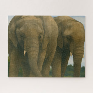 Elephant Companions in Savannah Light Jigsaw Puzzle
