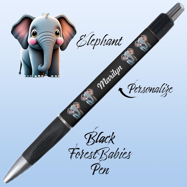 Elephant Cute Jungle Safari Woodland Animal Black  (Cute Whimsical Elephant  Jungle Safari Animal Cartoon Graphic Black Customizable ForestBabies Pen 🐘)