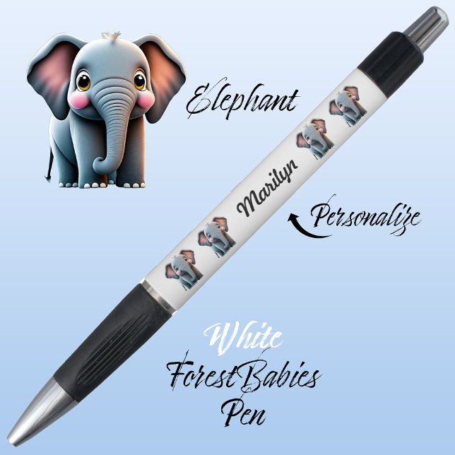 Elephant, Cute Jungle Safari Woodland Animal White (Cute Whimsical Elephant  Jungle Safari Animal Cartoon Graphic White Customizable ForestBabies Pen 🐘)