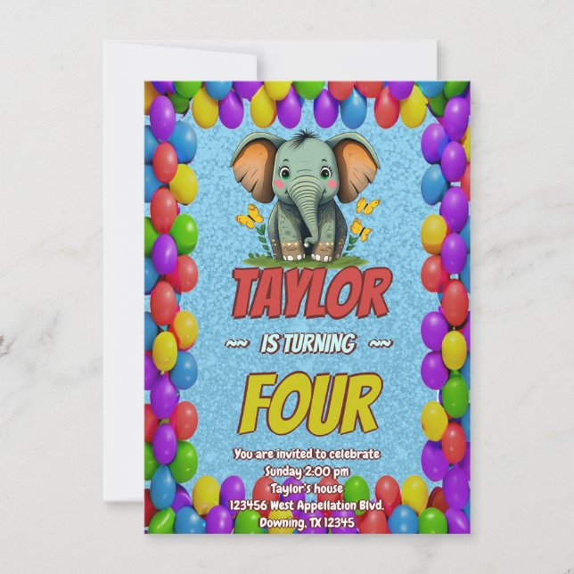 Elephant Cute Personalised Birthday Invite Kids (Front)