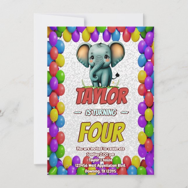Elephant Cute Personalised Birthday Invite Kids (Front)