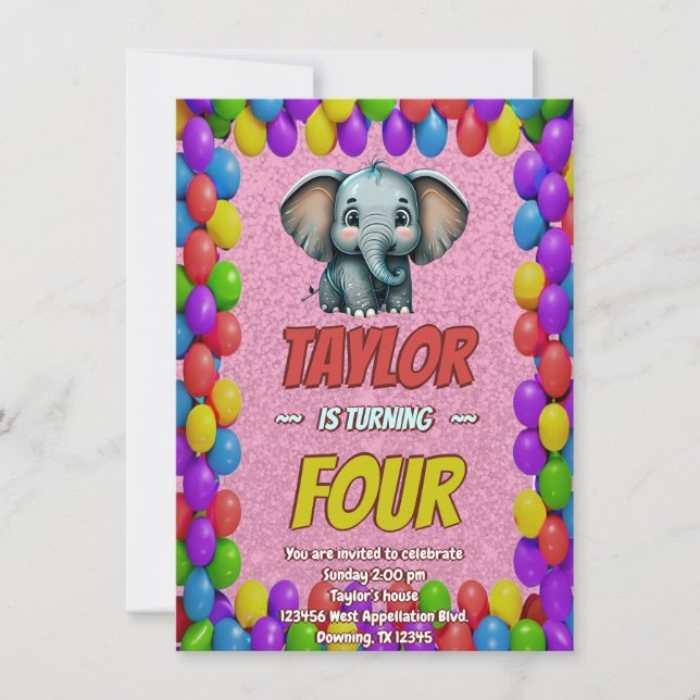 Elephant Cute Personalised Birthday Invite Kids (Front)