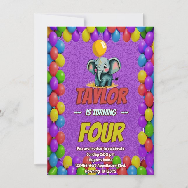 Elephant Cute Personalised Birthday Invite Kids (Front)