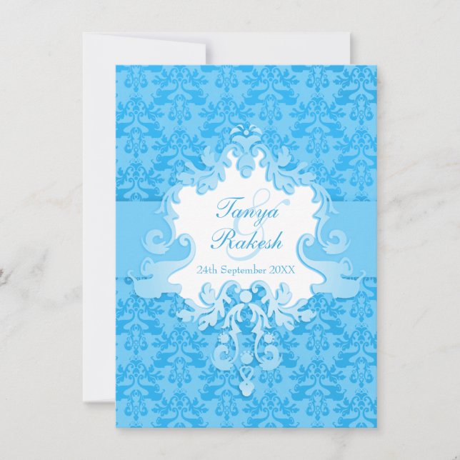 Elephant damask aqua blue wedding invitation (Front)