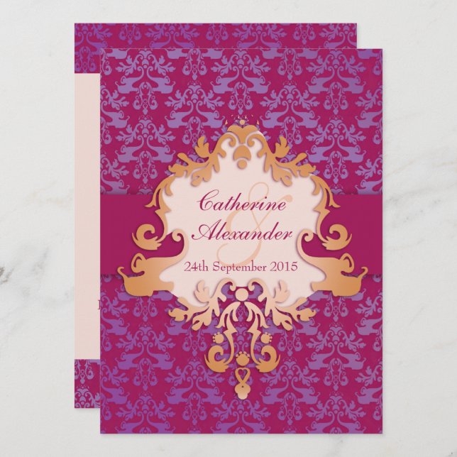 Elephant damask red golden wedding invitation (Front/Back)