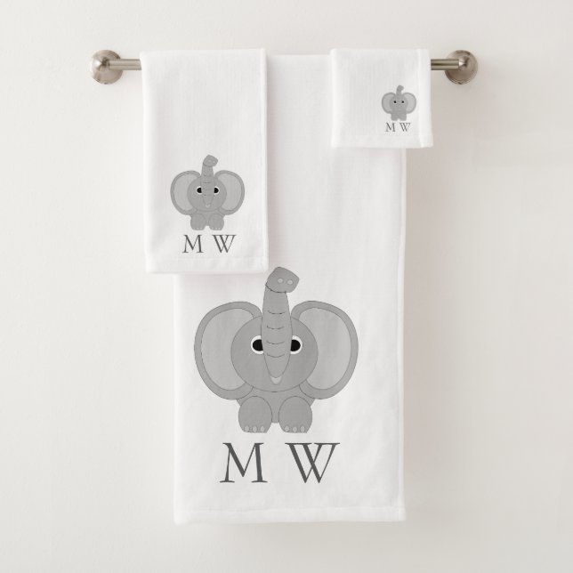 Elephant Design Monogrammed Bath Towel Set (Insitu)