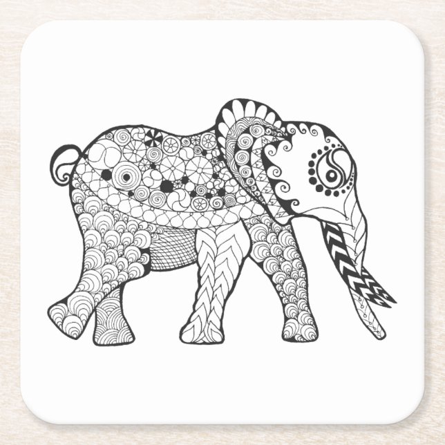Elephant Doodle Square Paper Coaster (Front)