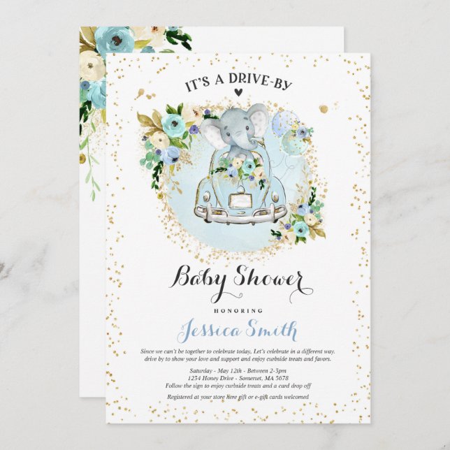 Elephant Drive By Baby Shower Invitation Blue (Front/Back)